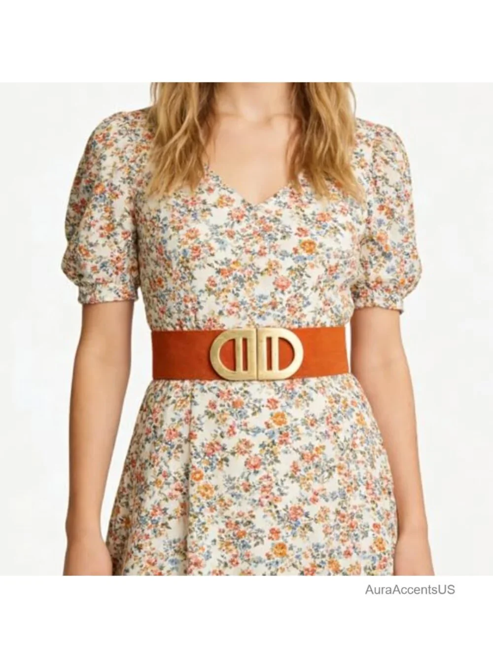 Wide Stretchy Waist Belt With Gold Buckle For Dresses